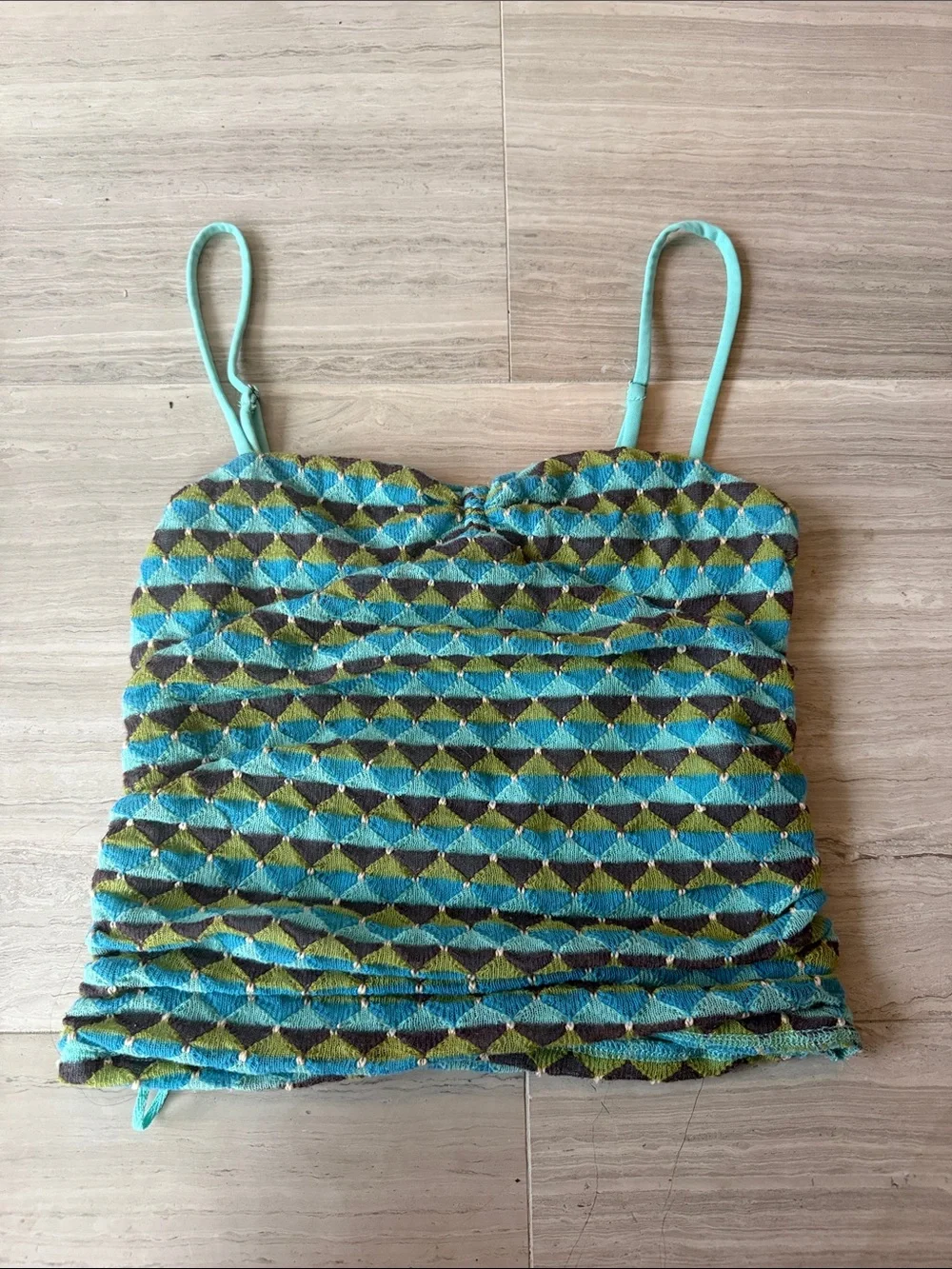 Free People Teal and Olive Geometric Spaghetti-Strap Tank
